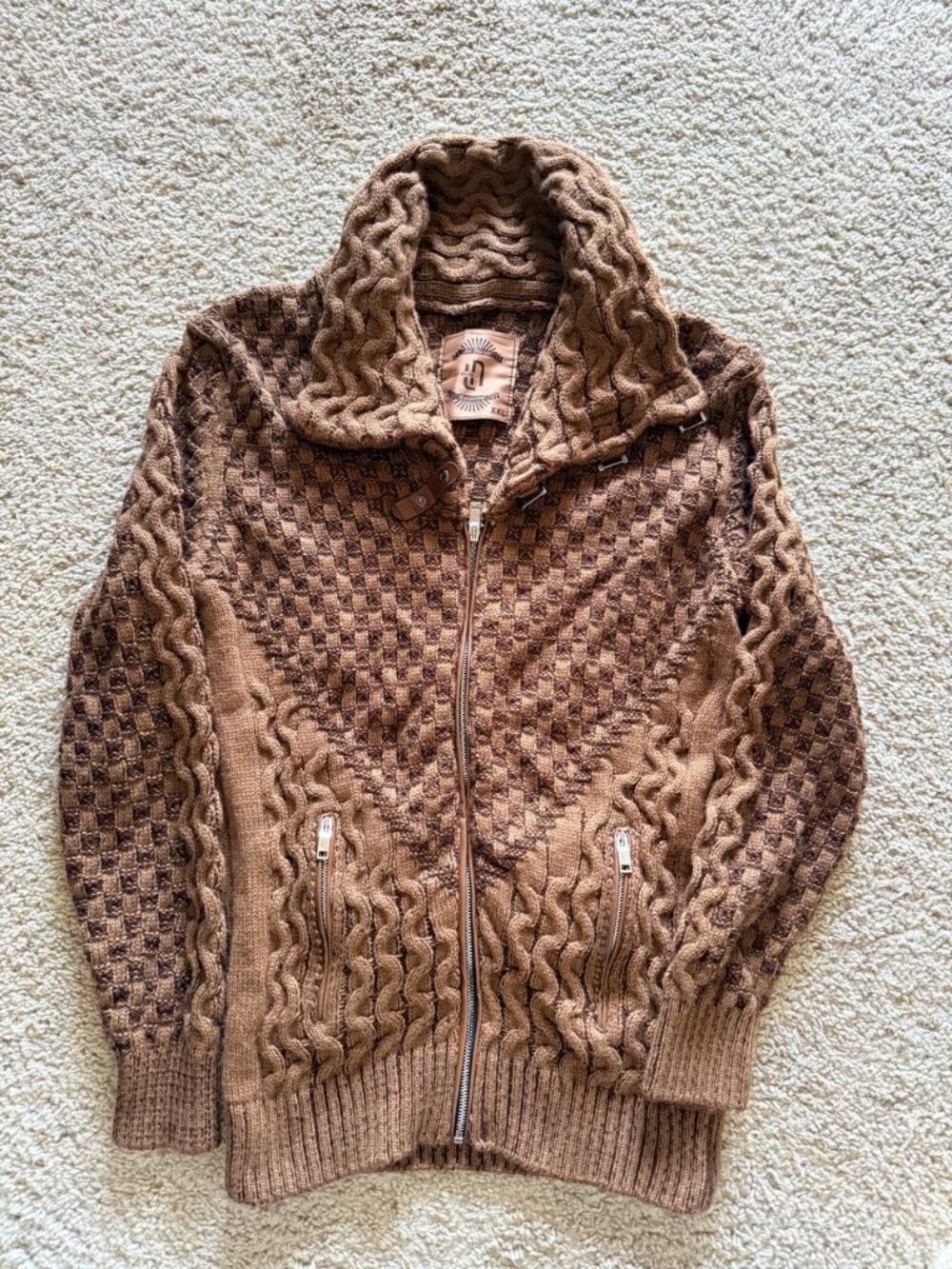 Leif Nelson Mens Chunky Cable Knit Zip Up Cardigan Sweater Brown Size XXL
